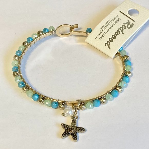 Aqua Bead Pearl Starfish Bangle Bracelet Gold Tone Plated Freshwater Sea Life - Picture 5 of 12
